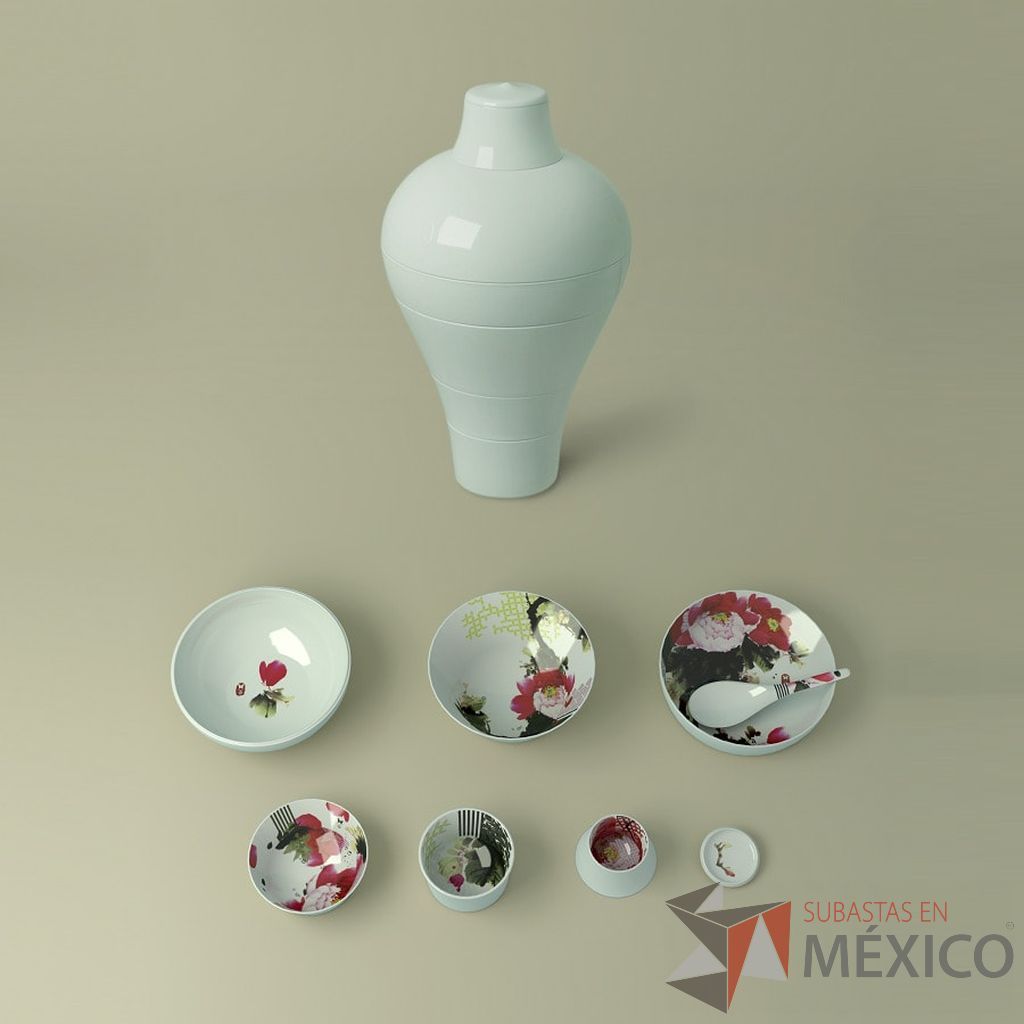 Lote 043 - Set de Mesa Yuan 8 piezas Gris / Parnasse, Osorio Yuan Blanco 8 piezas apilables, Ming Peony 6 piezas y Ming Abysses Azul Claro - Imagen 9