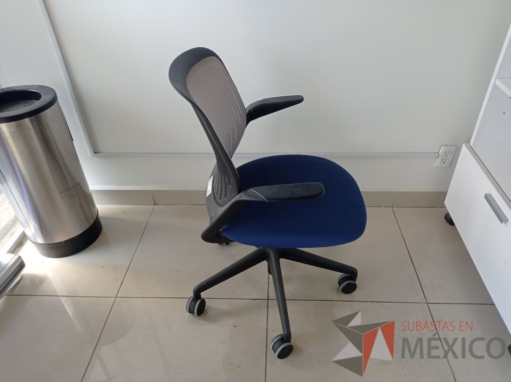 Lote 007 - Silla ejecutiva asiento de tela color azul respaldo en malla color negro con descansabrazos y ruedas - Imagen 12