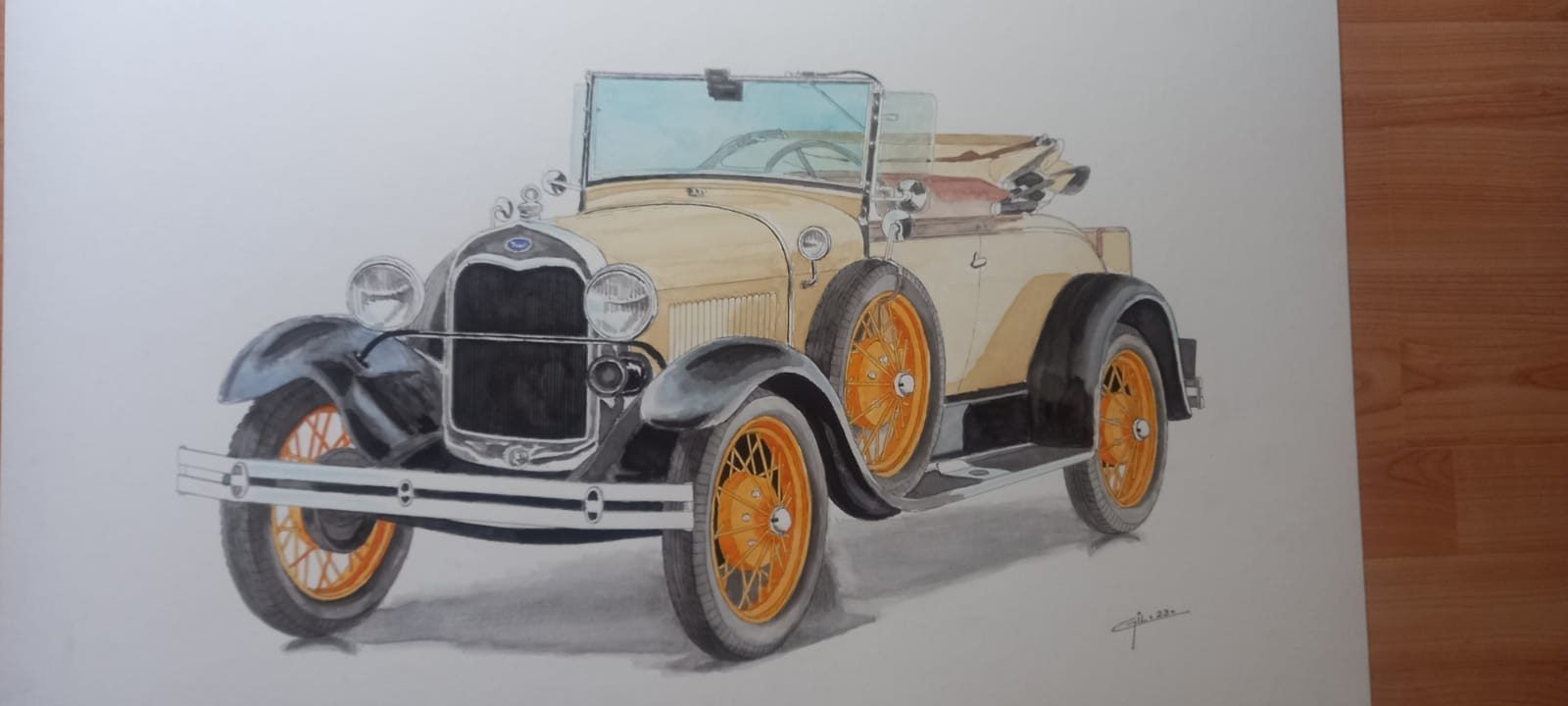 Lote 025 - Gilberto Villegas. Ford A de 1929, ilustracion original, a color, firmada en la parte inferior derecha.
