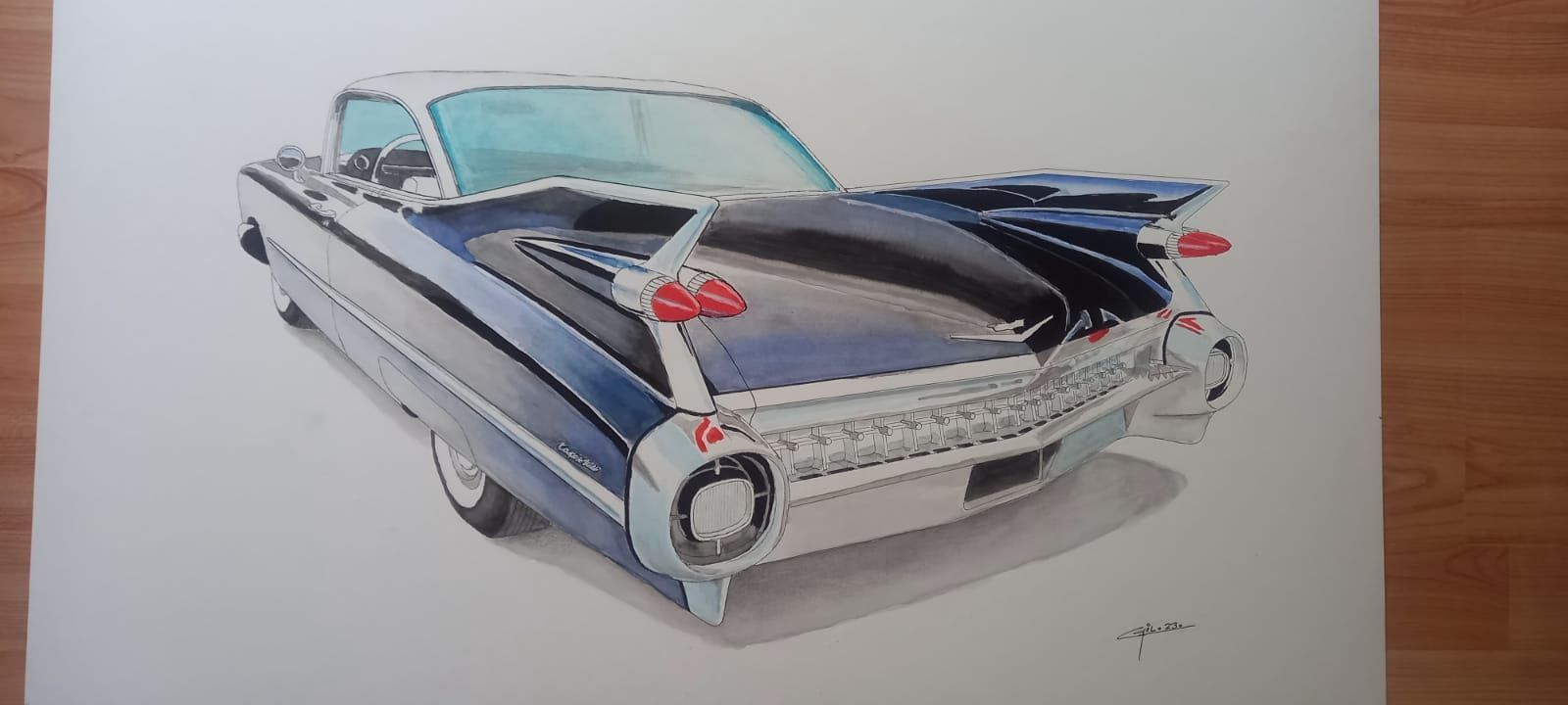 Lote 037 - Gilberto Villegas. Cadillac Coupé de Ville 1959, ilustracion original a color, firmada en la parte inferior derecha, 60 x 80cm