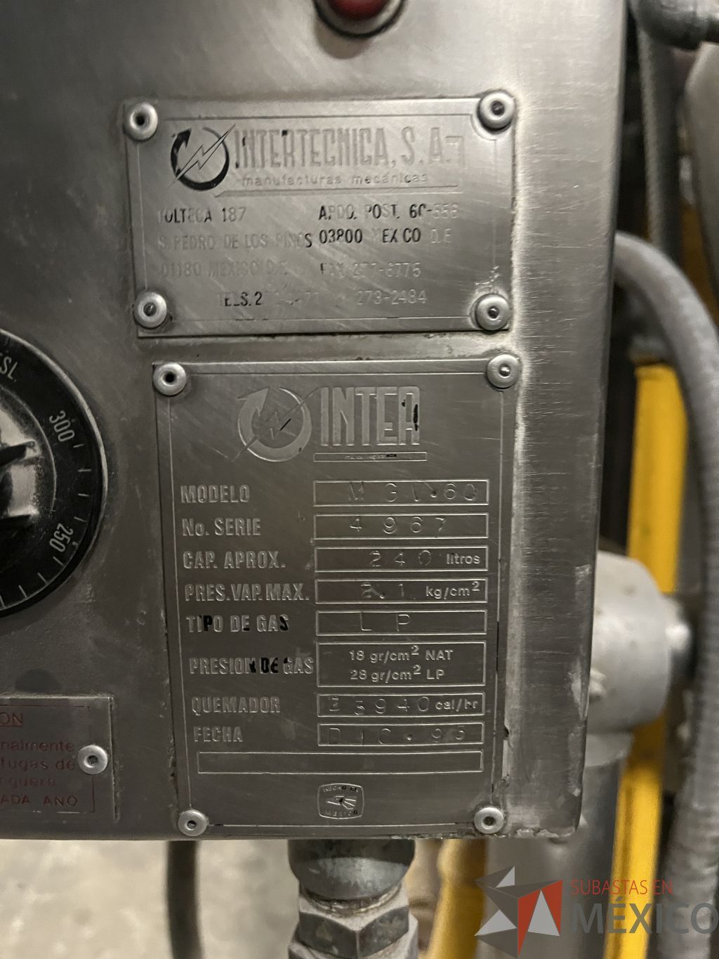 Lote 057 - Marmita 240 lats. Presión de vapor máxima 2.1 kg /cm2, Gas LP, INTERTECNIA - Imagen 10