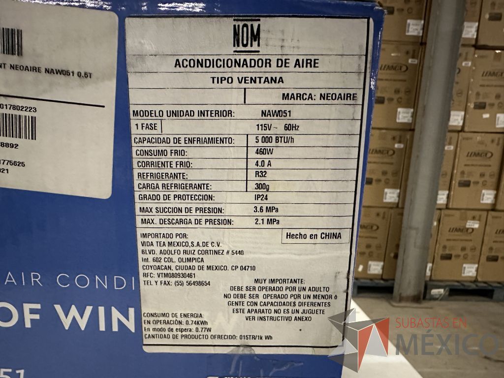 Lote 042 - 5 Aires Acondicionados tipo Ventana NEOAIRE, Modelo: NAW051, 5000 BTU, 110-115v - Imagen 3