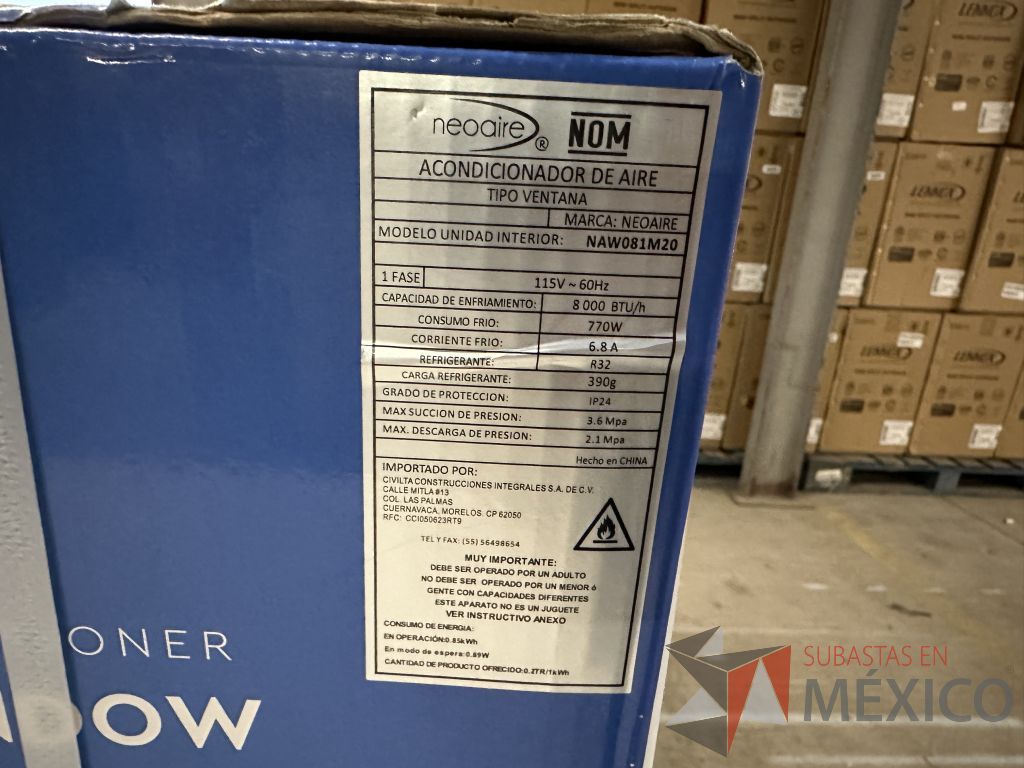 Lote 019 - Aire Acondicionado tipo Ventana NEOAIRE, Modelo: NAW081M20, 8000 BTU, 115v - Imagen 3