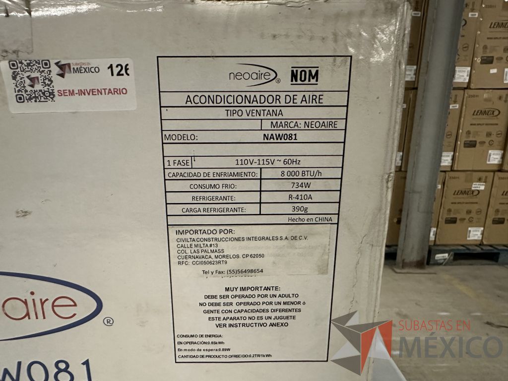 Lote 026 - Aire Acondicionado tipo Ventana NEOAIRE, Modelo: NAW081, 8000 BTU, 110-115v - Imagen 3