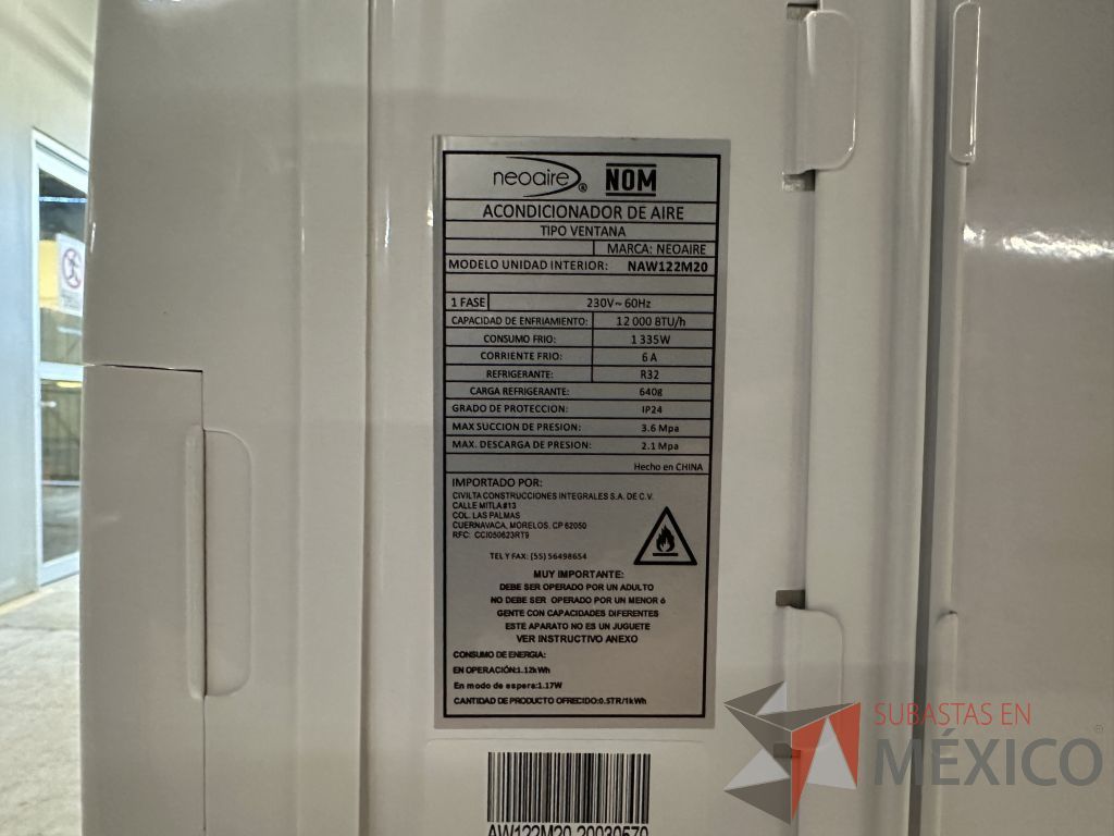 Lote 014 - Equipo de Aire Acondicionado tipo ventana Neoaire NAW122M20, 1 Ton, Frío, 220 Volts - Imagen 8
