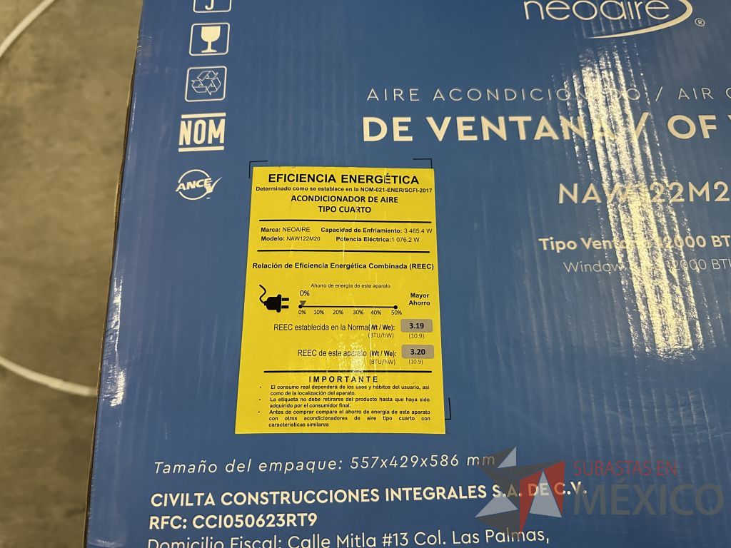 Lote 014 - Equipo de Aire Acondicionado tipo ventana Neoaire NAW122M20, 1 Ton, Frío, 220 Volts - Imagen 3