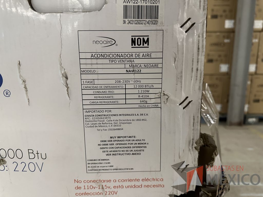 Lote 024 - Equipo de Aire Acondicionado tipo ventana Neoaire NAW122, 1 Ton, Frío, 220 Volts - Imagen 19