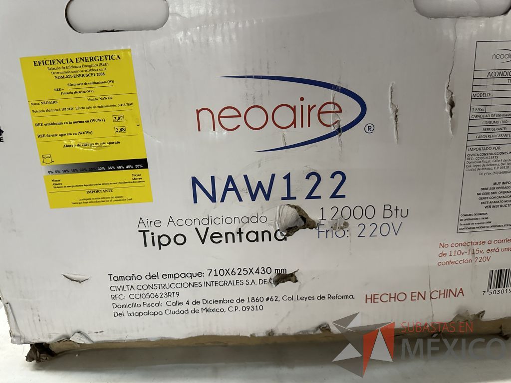 Lote 043 - Aire Acondicionado tipo Ventana NEOAIRE, Modelo: NAW122, 12000 BTU, 220v - Imagen 4