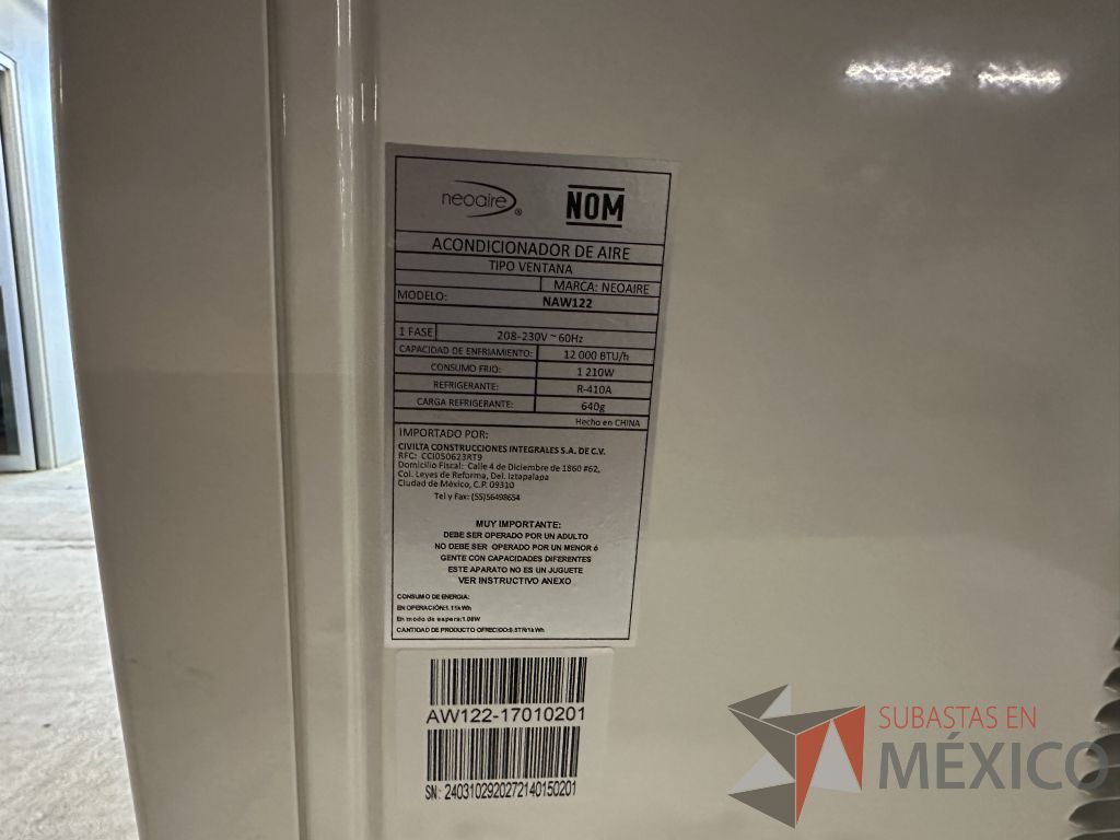 Lote 043 - Aire Acondicionado tipo Ventana NEOAIRE, Modelo: NAW122, 12000 BTU, 220v - Imagen 18