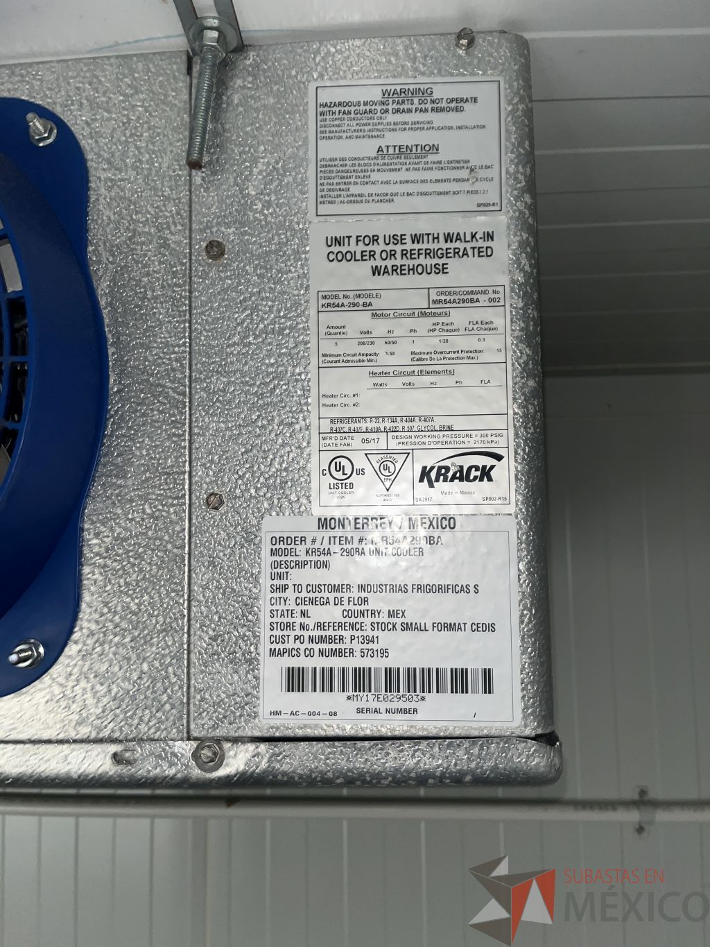Lote 001 - Evaporador para cámara frigorífica de 5 ventiladores - Imagen 3