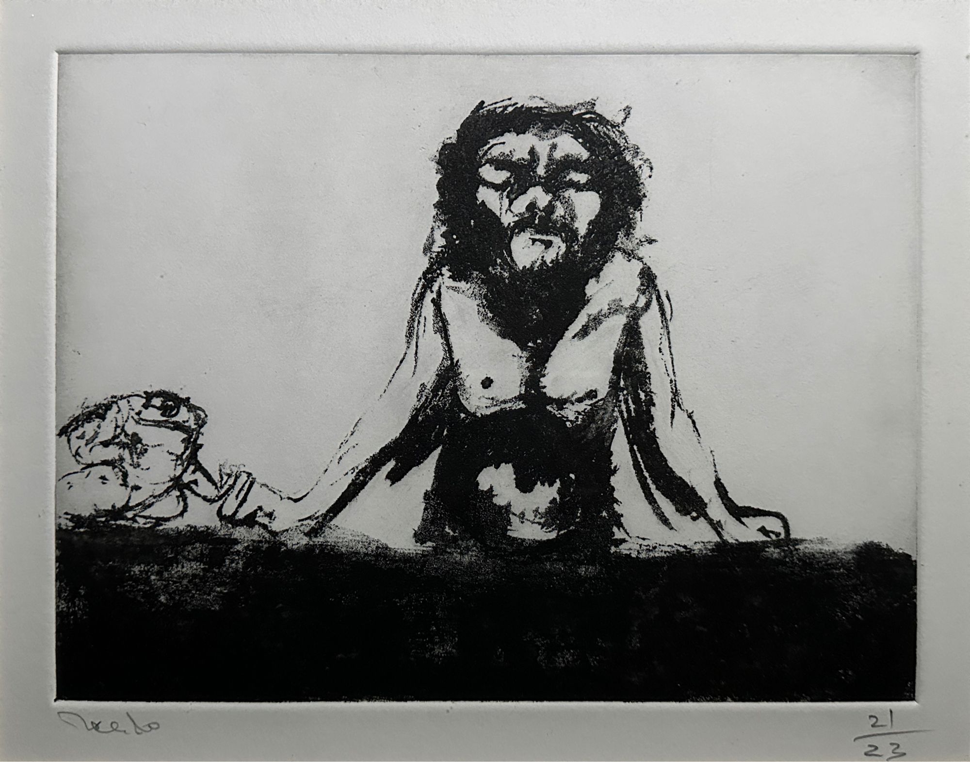 Lote 004 - Francisco Toledo - Autorretrato con rana - Estampa calcográfica sobre papel, estampación en hueco, procedimiento de barniz blando. 21/23