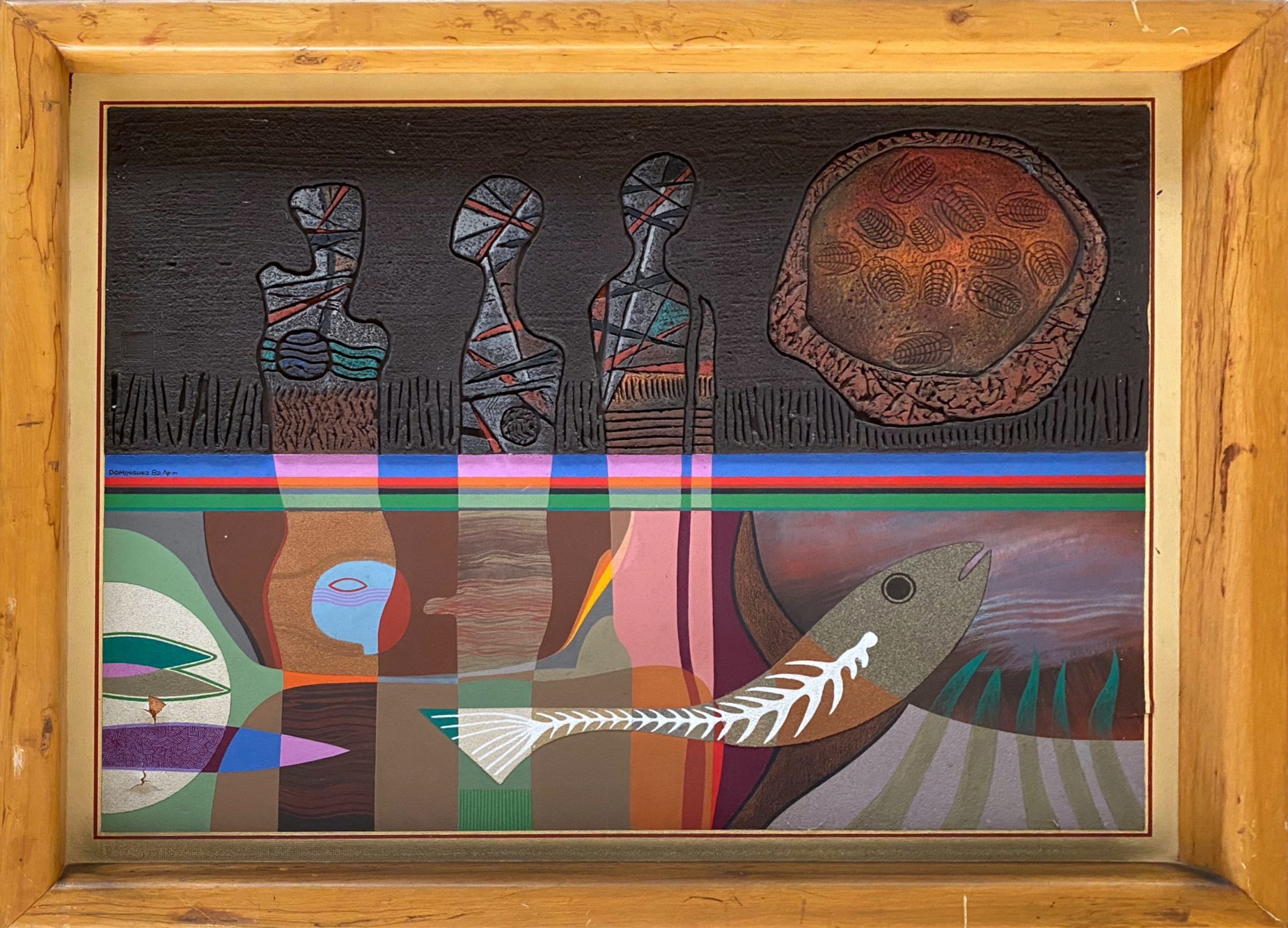 Lote 102 - Conrado Domínguez (San Luis Potosí; 1950) - Tres figuras frente al día - Técnica mixta con arenas naturales sobre masonite