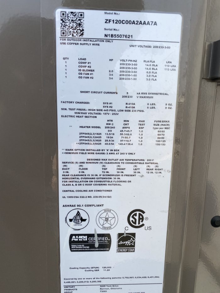 Lote 017 - Aire acondicionado, Marca: YORK, Modelo: ZF120C00A2AAA7A - Imagen 2