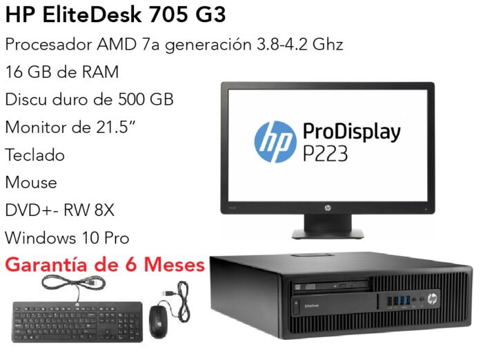 Lote 003 -  Computadora de escritorio marca HP modelo elitedesk 705 G3 SFF con monitor marca HP modelo P223, incluye mouse y teclado de la marca HP.