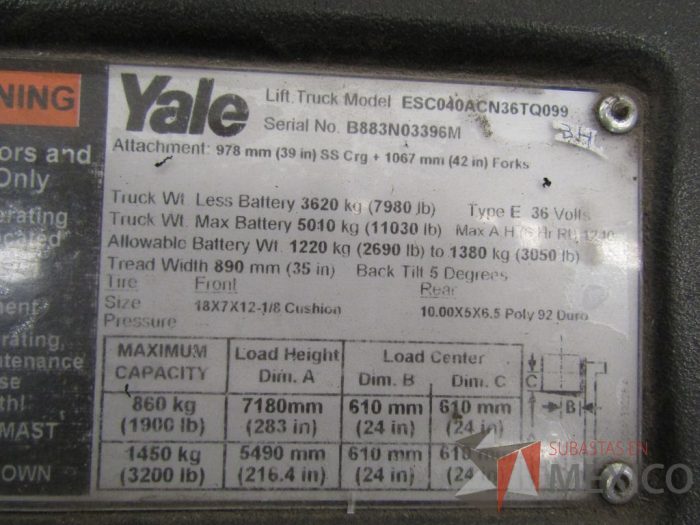 Lote 019 - Montacargas eléctrico YALE ESC040ACN36TQ099, Año: 2015 - Imagen 14