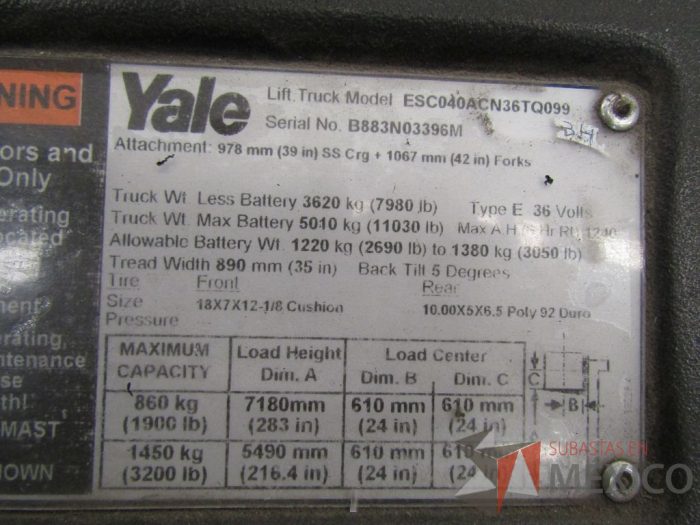 Lote 019 - Montacargas eléctrico YALE ESC040ACN36TQ099, Año: 2015 - Imagen 15