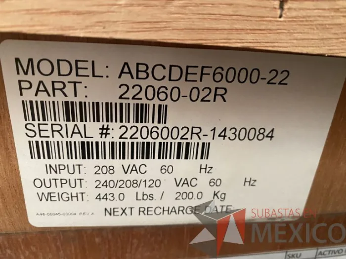 Lote 233 -  UPS POWERVAR, Modelo: ABCDEF6000-22 - Imagen 2