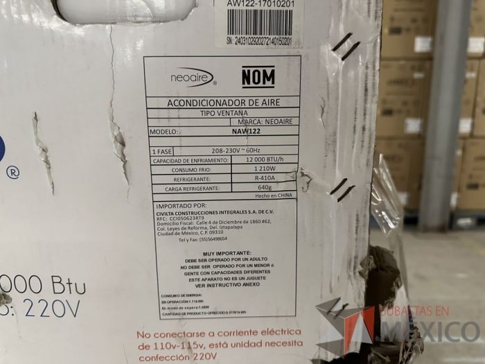 Lote 011 - Equipo de Aire Acondicionado tipo ventana Neoaire NAW122, 1 Ton, Frío, 220 Volts - Imagen 20