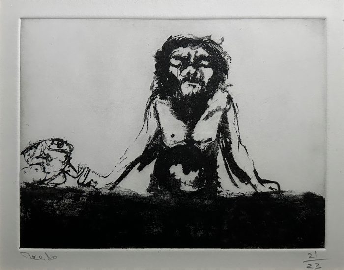 Lote 004 - Francisco Toledo - Autorretrato con rana - Estampa calcográfica sobre papel, estampación en hueco, procedimiento de barniz blando. 21/23