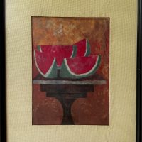 Lote 017 - Rufino Tamayo - 4 Sandias cobre una mesa con fondo en tonos dorado, café y naranja - Reproducción
